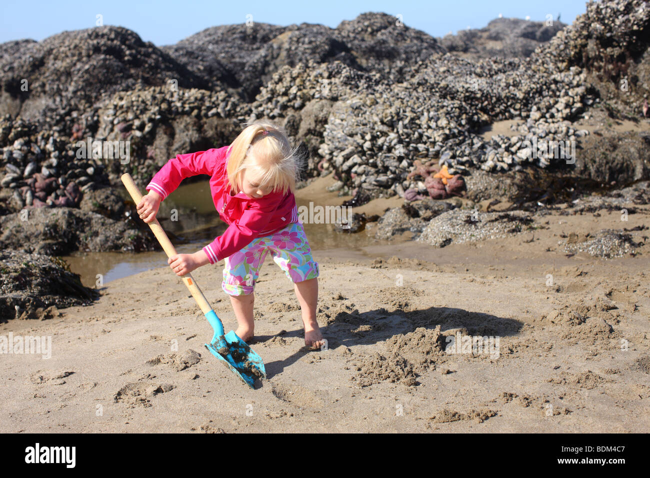 Young girl with shovel at beach Stock Photo