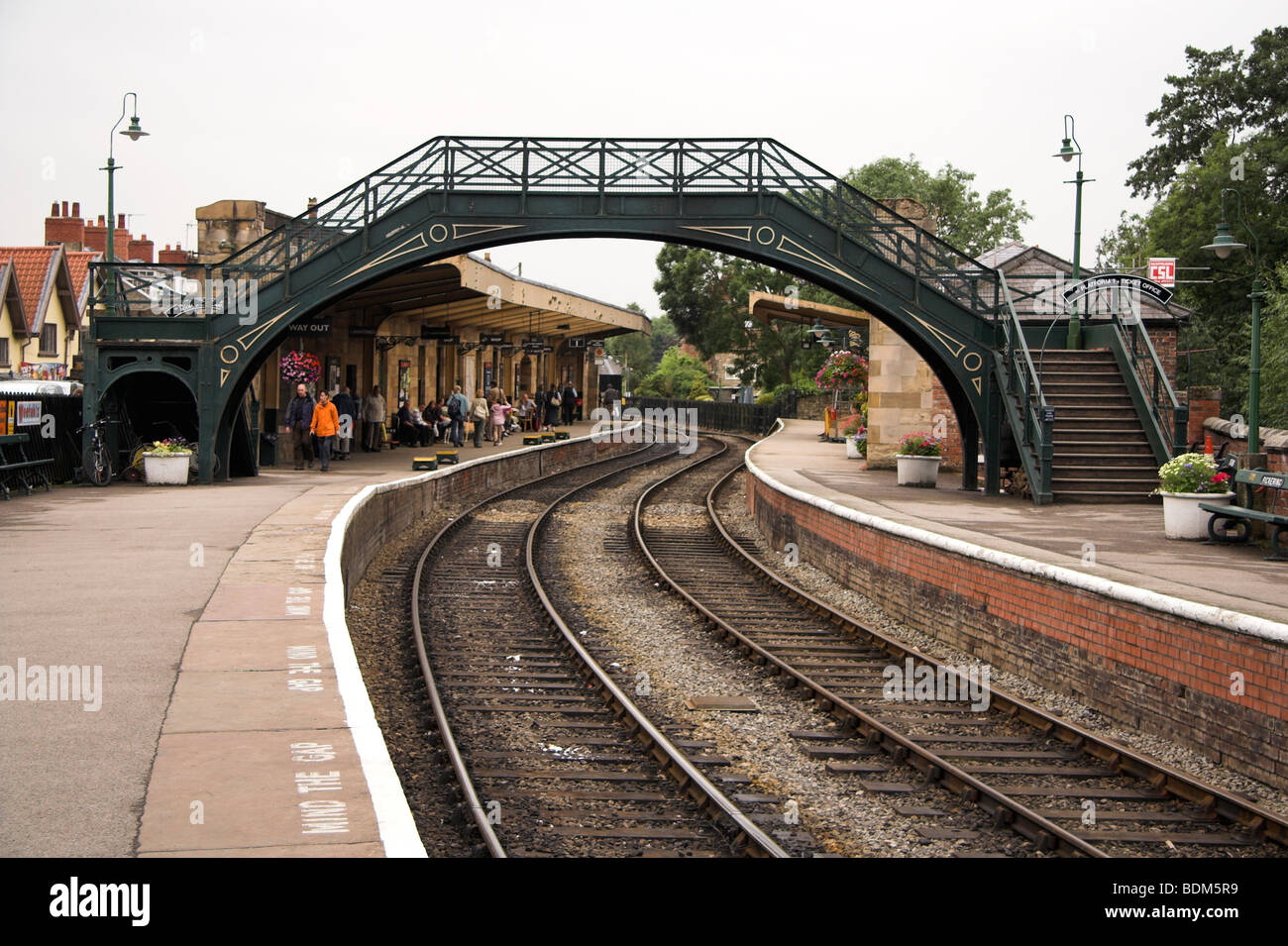 Pedestrian bridge, Pickering Station platform, North Yorkshire, England, UK Stock Photo