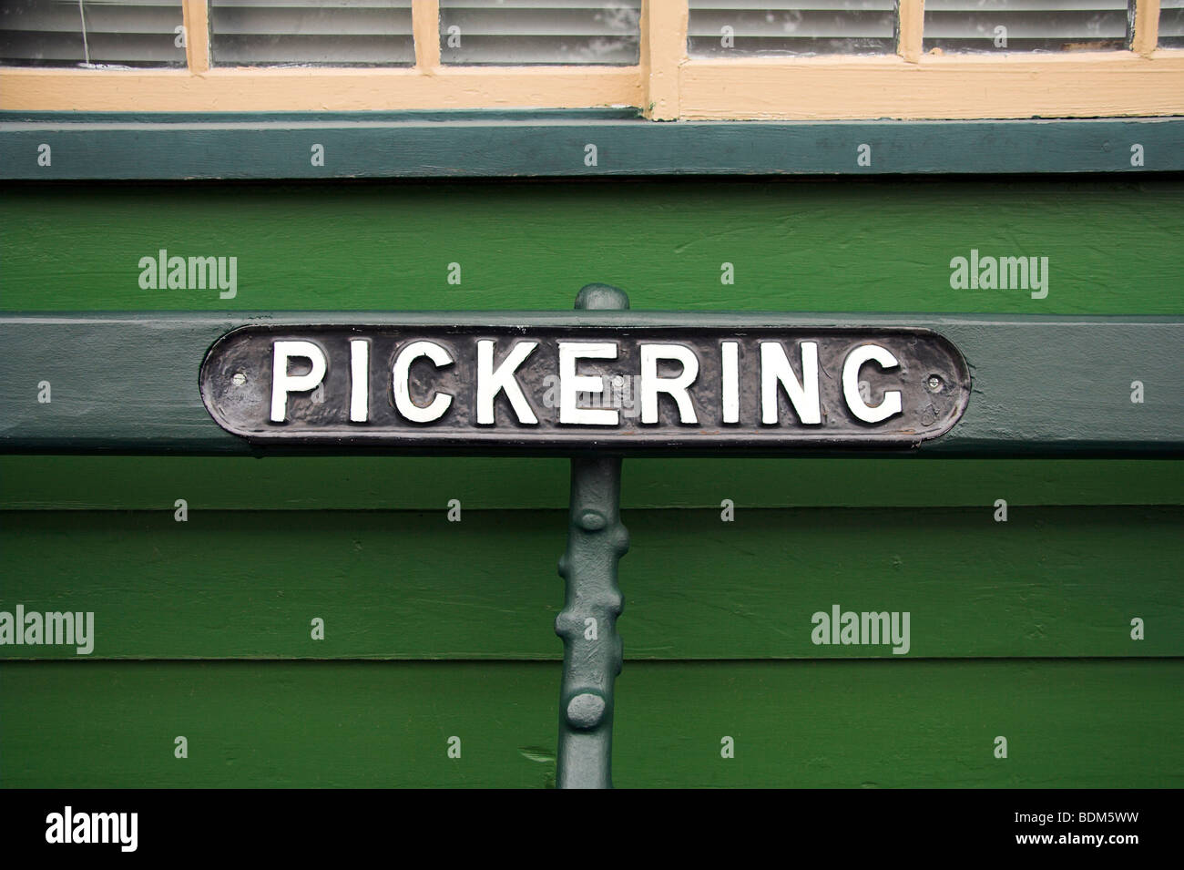 Bench, Pickering Station platform, North Yorkshire, England, UK Stock Photo