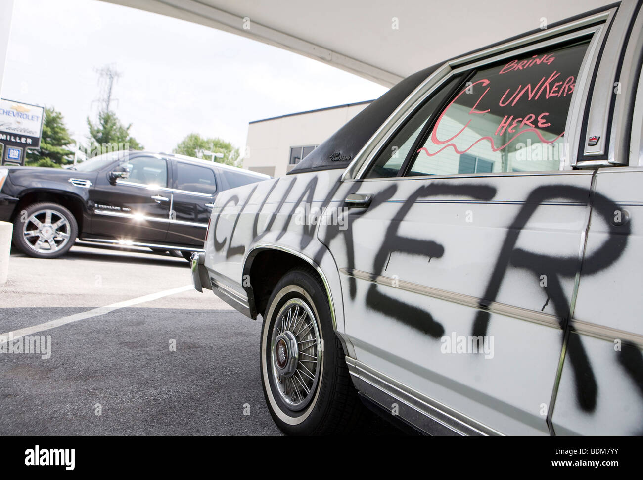 15 August 2009 – Hagerstown, Maryland – 'Clunker' vehicles pile up on auto dealer lots. Stock Photo