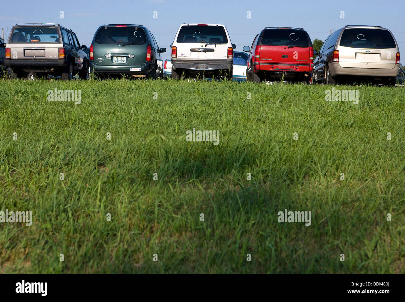 15 August 2009 – Hagerstown, Maryland – 'Clunker' vehicles pile up on auto dealer lots. Stock Photo