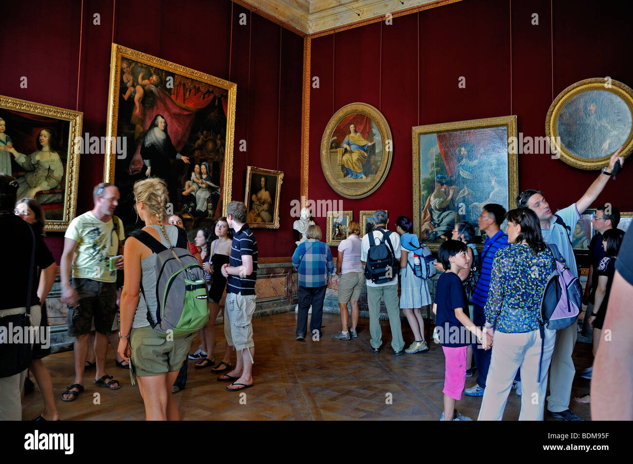 Paris, France - Crowd Tourist Families, Visiting French Monument, 'Chateau de Versailles', inside Art Gallery, Royal Apartments, Palace of Versailles, Stock Photo