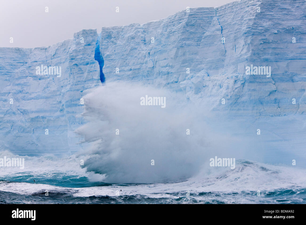 Big blue iceberg floating north in the Southern ocean near South Georgia Islands giant waves crashing against its' tall sides Stock Photo