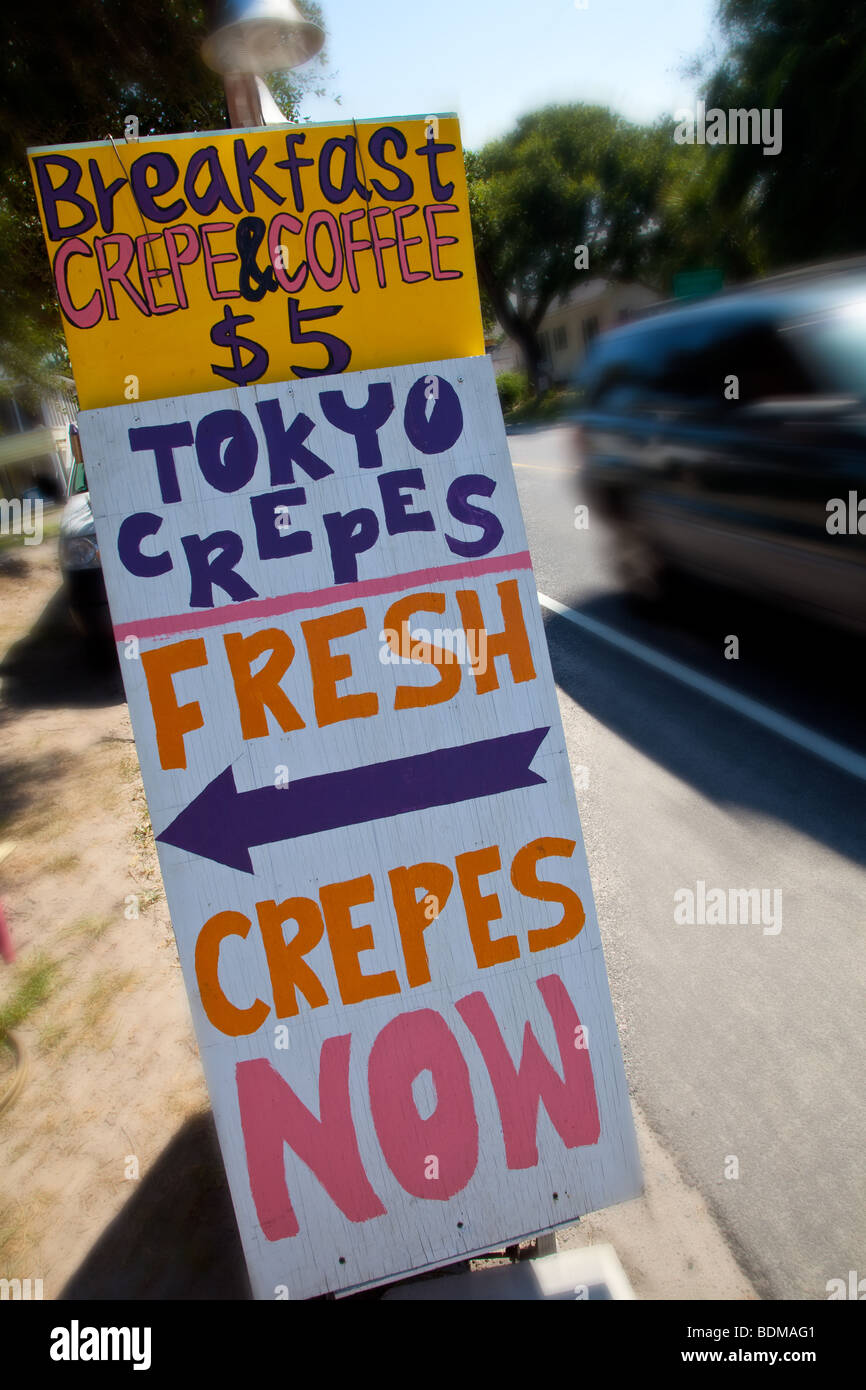 Sign for the Tokyo Crepes roadside stand in Folly Beach, South Carolina. Stock Photo