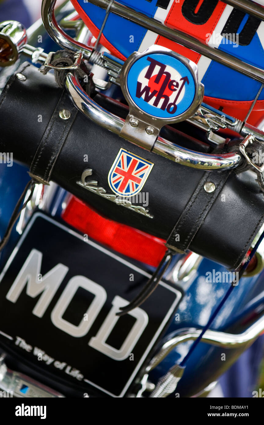 Mods vespa custom scooter with logos and union jack decal Stock Photo