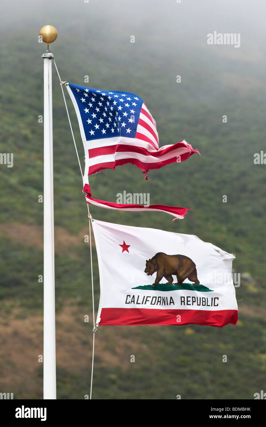 American flag flying above the flag for the California Republic Stock Photo