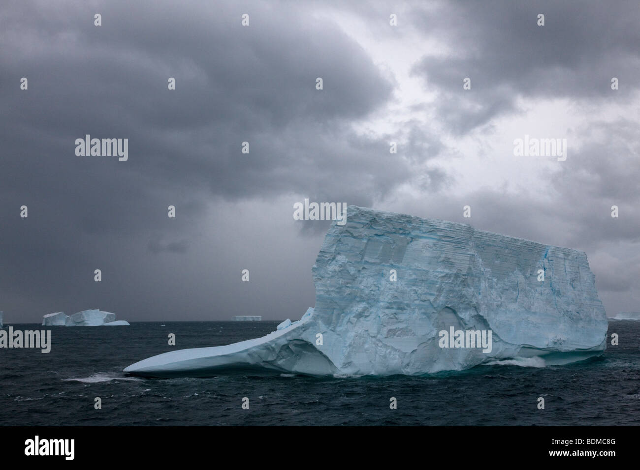 Big blue icebergs float north in the Southern ocean near South