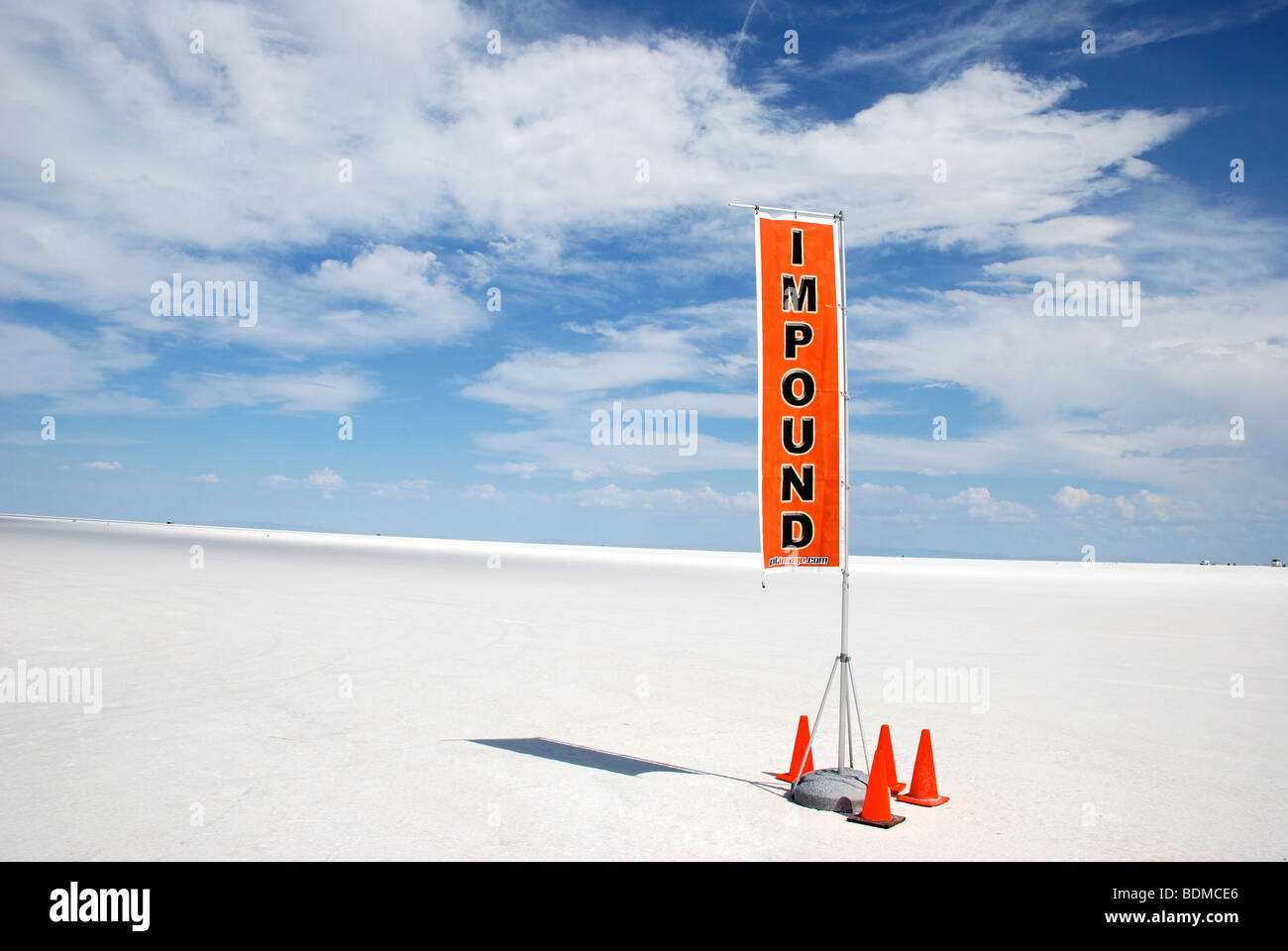 Orange Impound flag during time races on the Bonneville Salt Flats, Utah Stock Photo