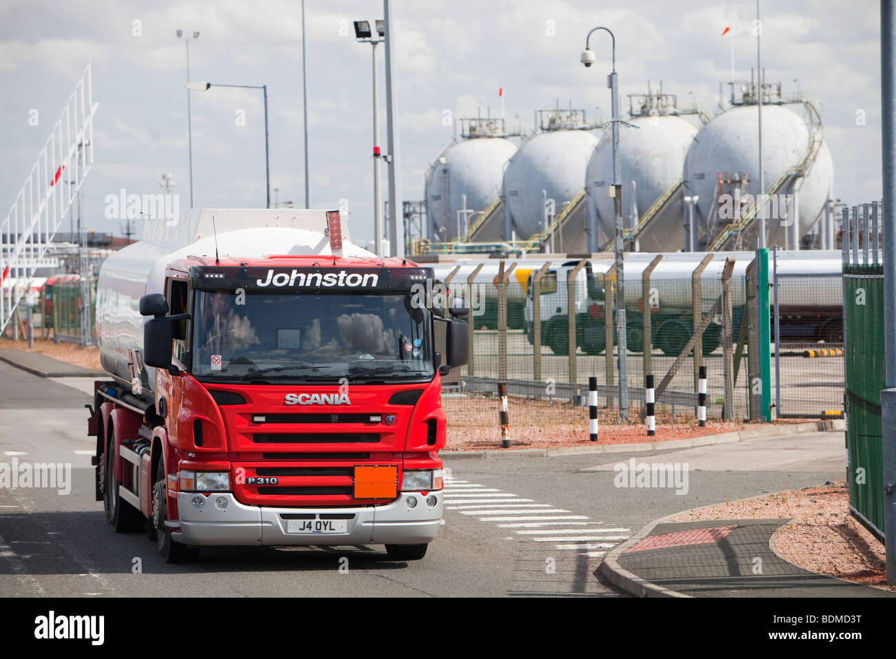 Petrol tankers at the Ineos oil refinery in Grangemouth Scotland, UK. The site is responsible for massive C02 emissions. Stock Photo