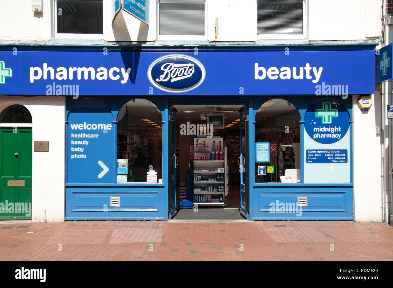 The shop front of the Boots shop, Egham, Surrey Branch. Stock Photo