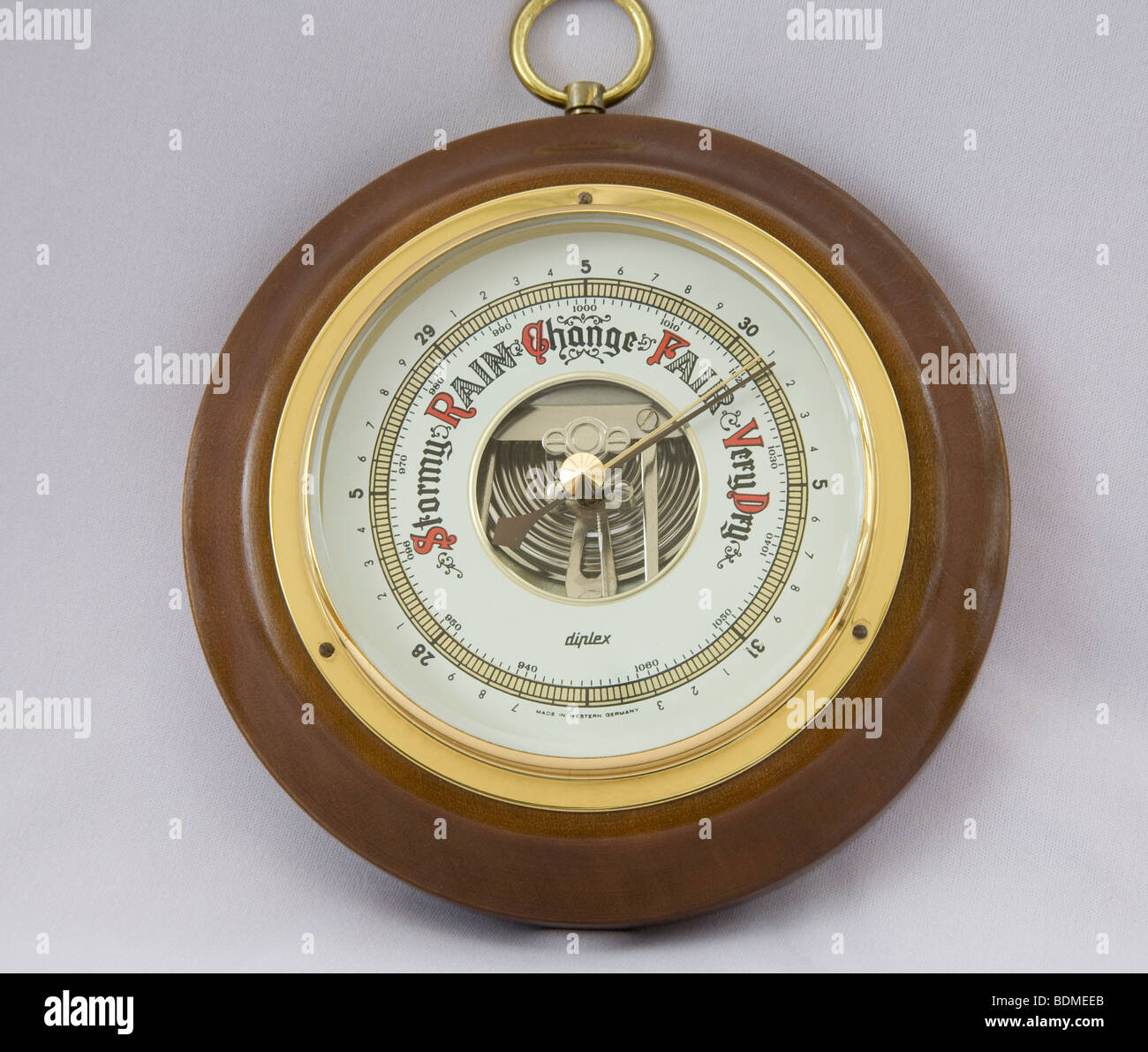 Studio close up classic weather station barometer with wood surround