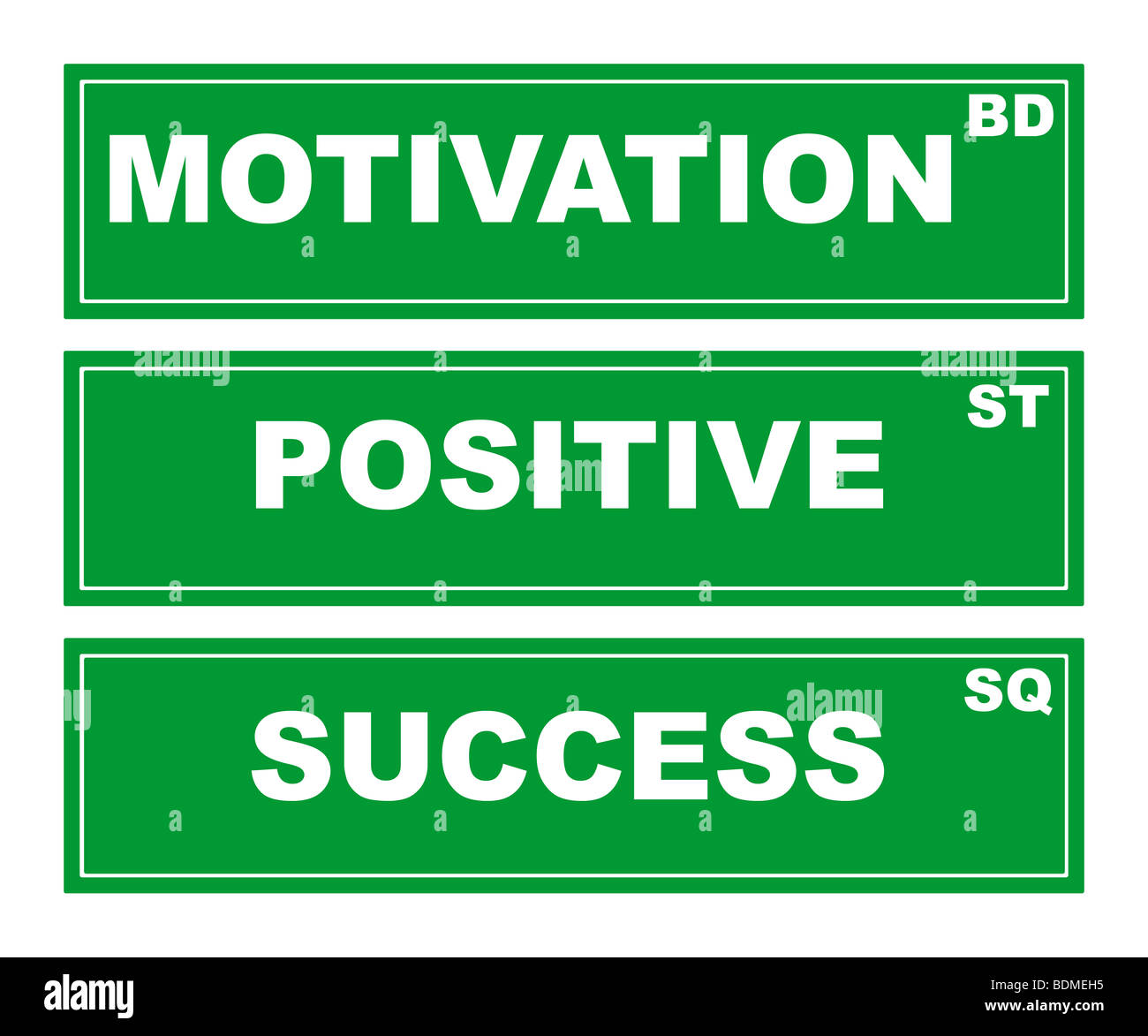 Motivational green business signs isolated on white background, motivation boulevard, positive street and success square. Stock Photo