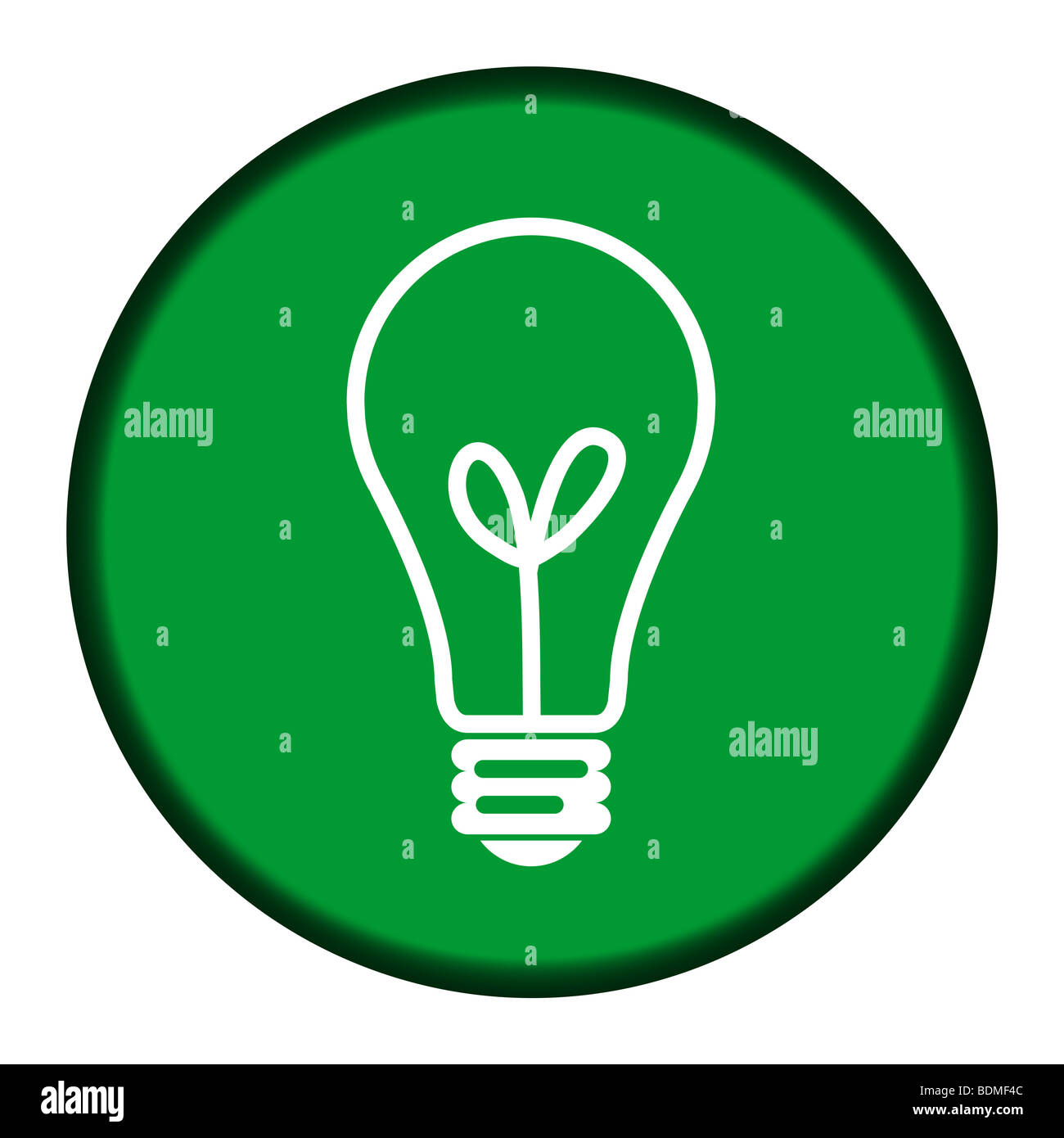 Circular green ideas lightbulb button isolated on white background. Stock Photo