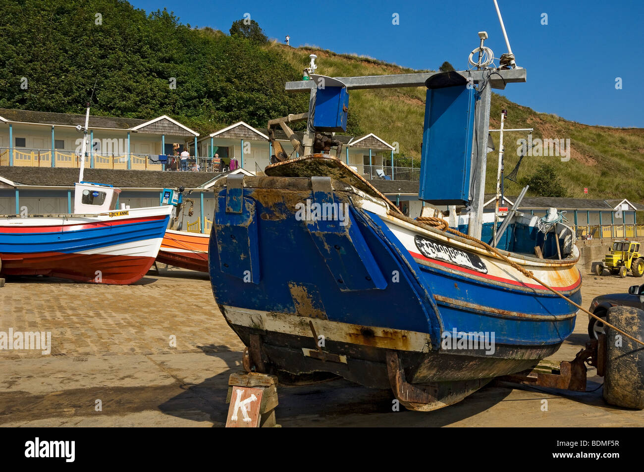 Fishing boat boats on The Coble Landing in summer Filey North Yorkshire
