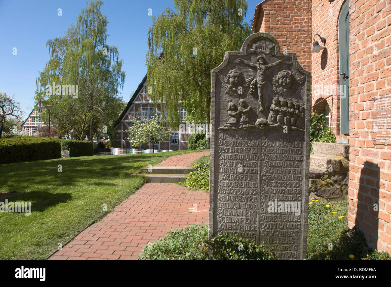 Church and Altlaender farmhouse in Steinkirchen, Altes Land region