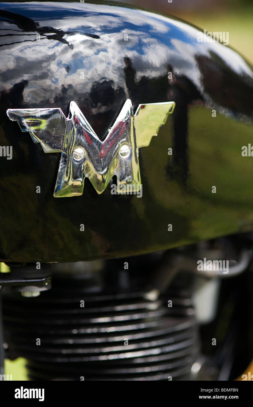 Matchless motorbike, Classic british motorcycle, chrome badge on black petrol tank. UK Stock Photo