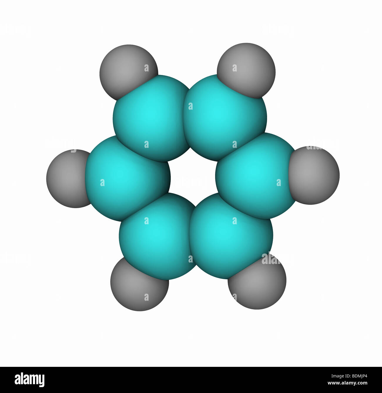three-dimensional space-filling computer-generated model of the benzene ring Stock Photo