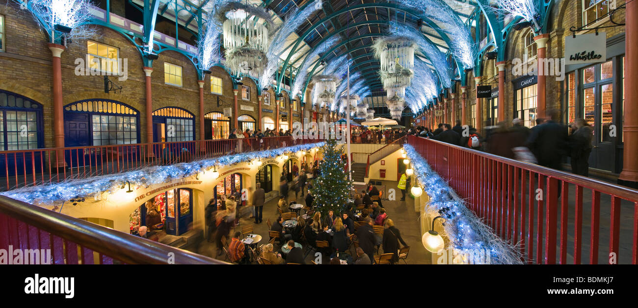 Christmas decorations in the restaurant area of Covent Garden, London. Stock Photo