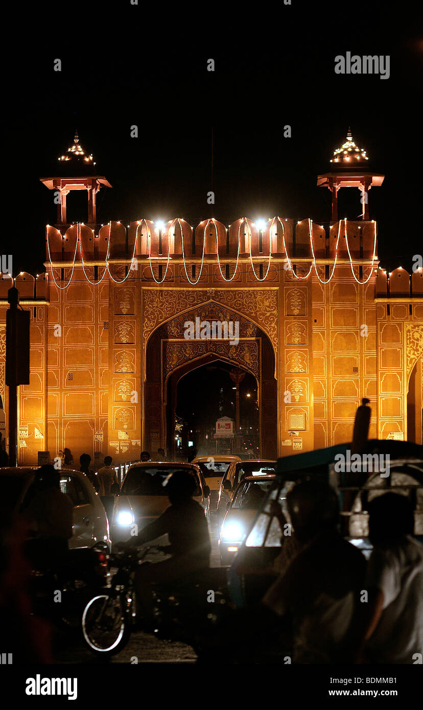 Night scene, illuminated gate in Jaipur, Rajasthan, India Stock Photo