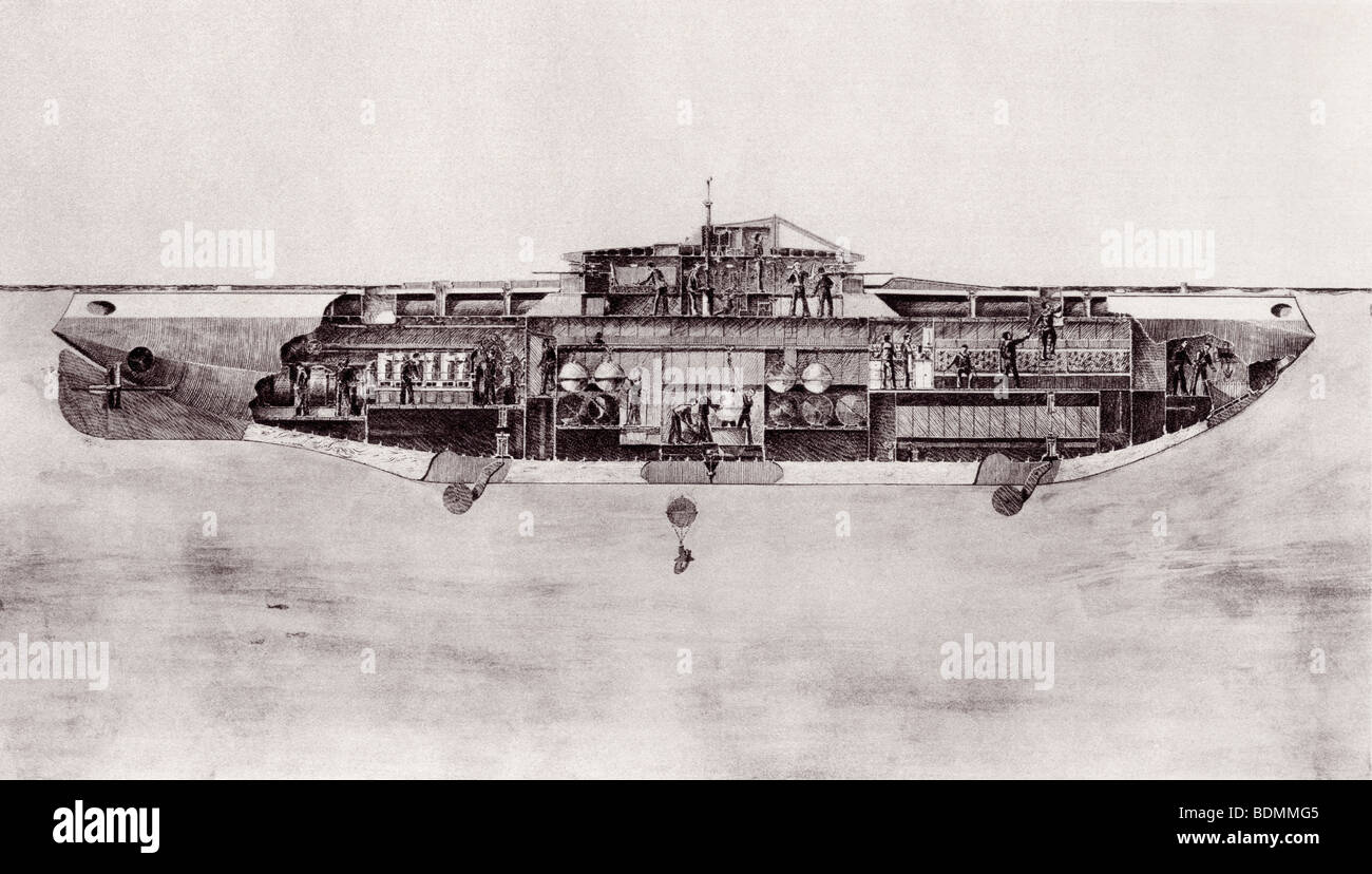Illustration of a Lake Submarine, used during World War One to lay mines on the sea bed. Stock Photo