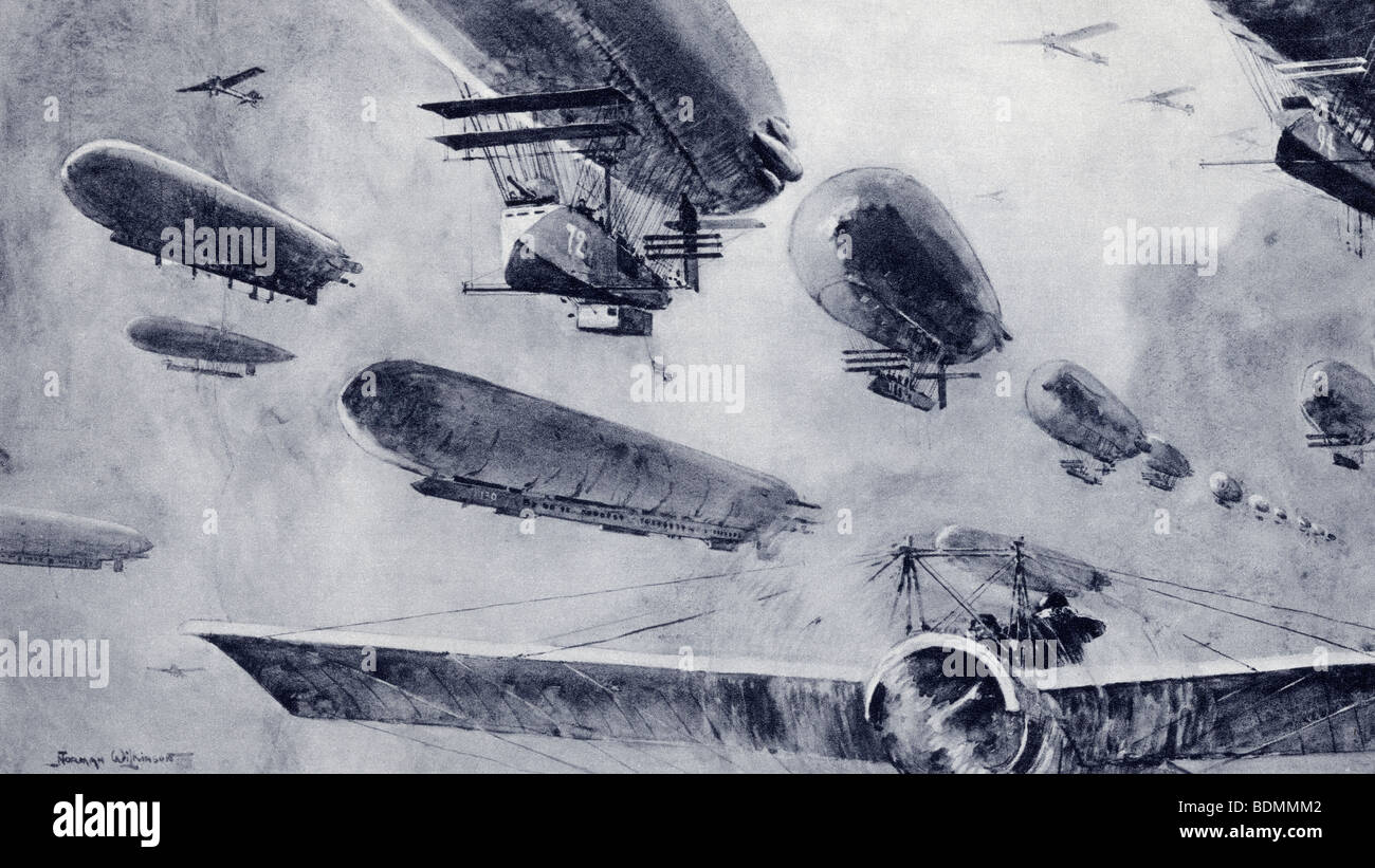 Imaginary squadron of German bomb dropping air-ships attended by aeroplane scouts. Stock Photo