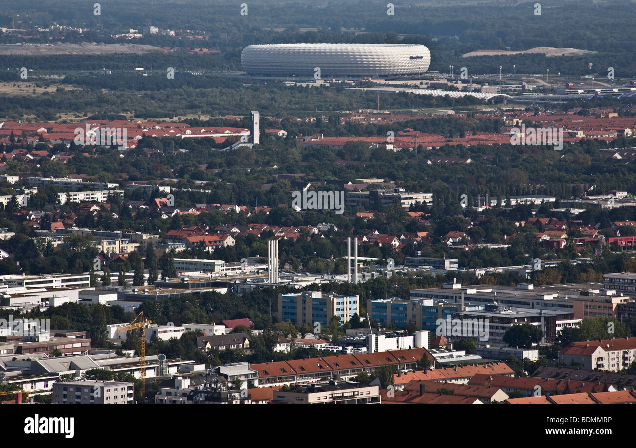 München, Blick vom Fernsehturm, Im Hintergrund die Allianz-Arena Stock Photo