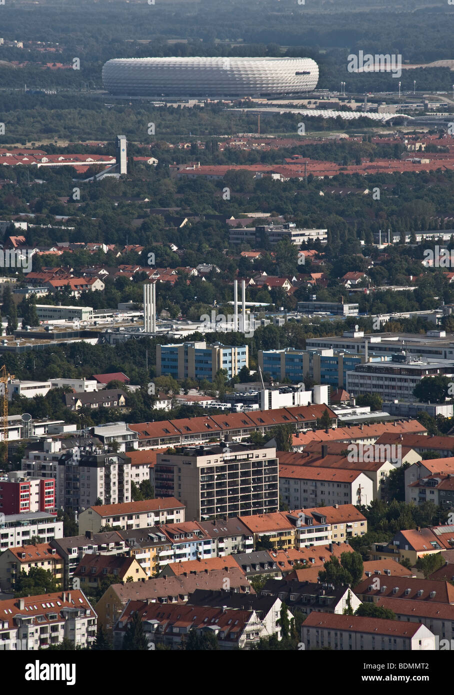 München, Blick vom Fernsehturm, Im Hintergrund die Allianz-Arena Stock Photo