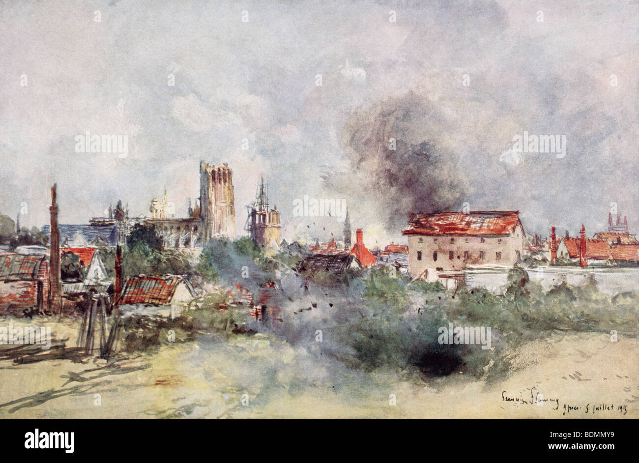 Ypres under bombardment July 5, 1915. Stock Photo