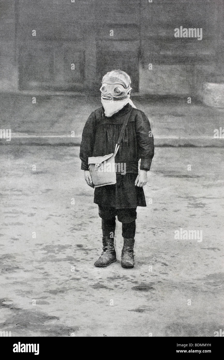 A schoolchild in Reims, France, wearing goggles and mask against asphyxiation shells. Stock Photo