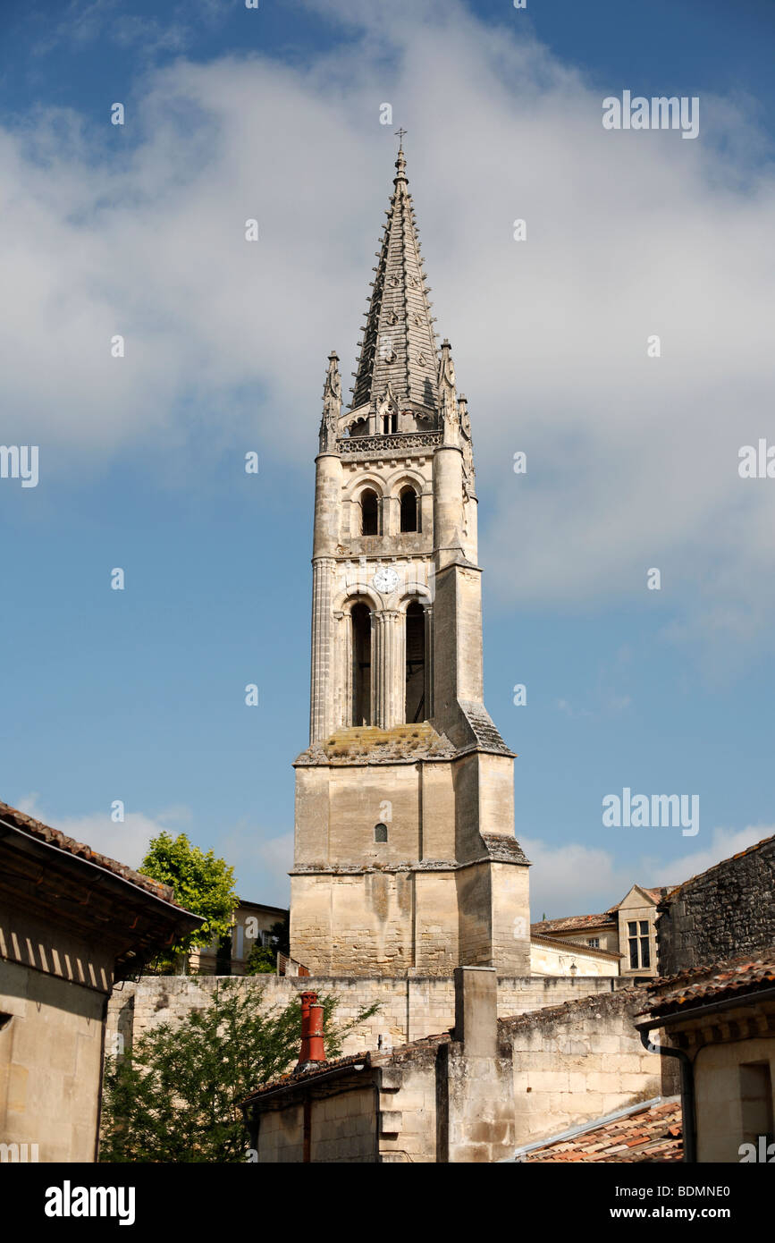 The bell tower of the 11th century Eglise Monolithe church in the medieval town of St Emilion near Bordeaux in France Stock Photo