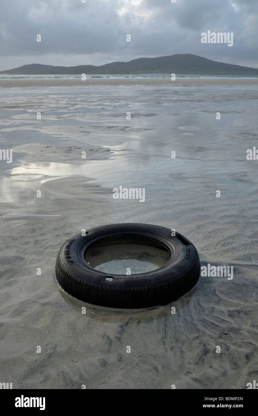 Tyre on beach, Traigh Losgaintir, Isle of Harris, Scotland Stock Photo