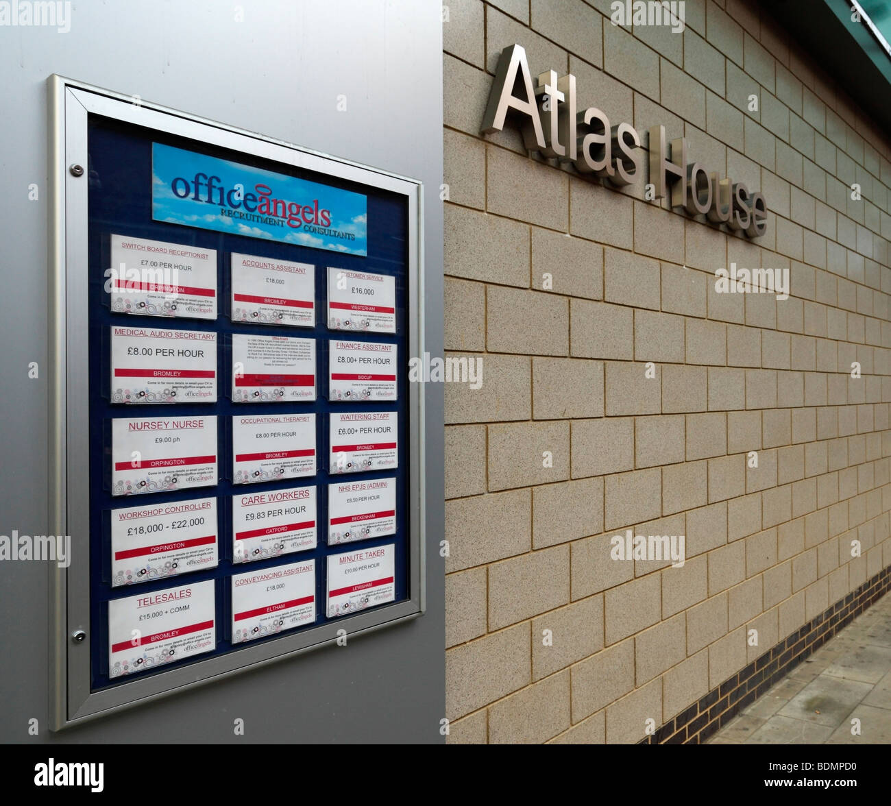 Office Angels recruitment consultants vacancies notice board, London, UK. Stock Photo