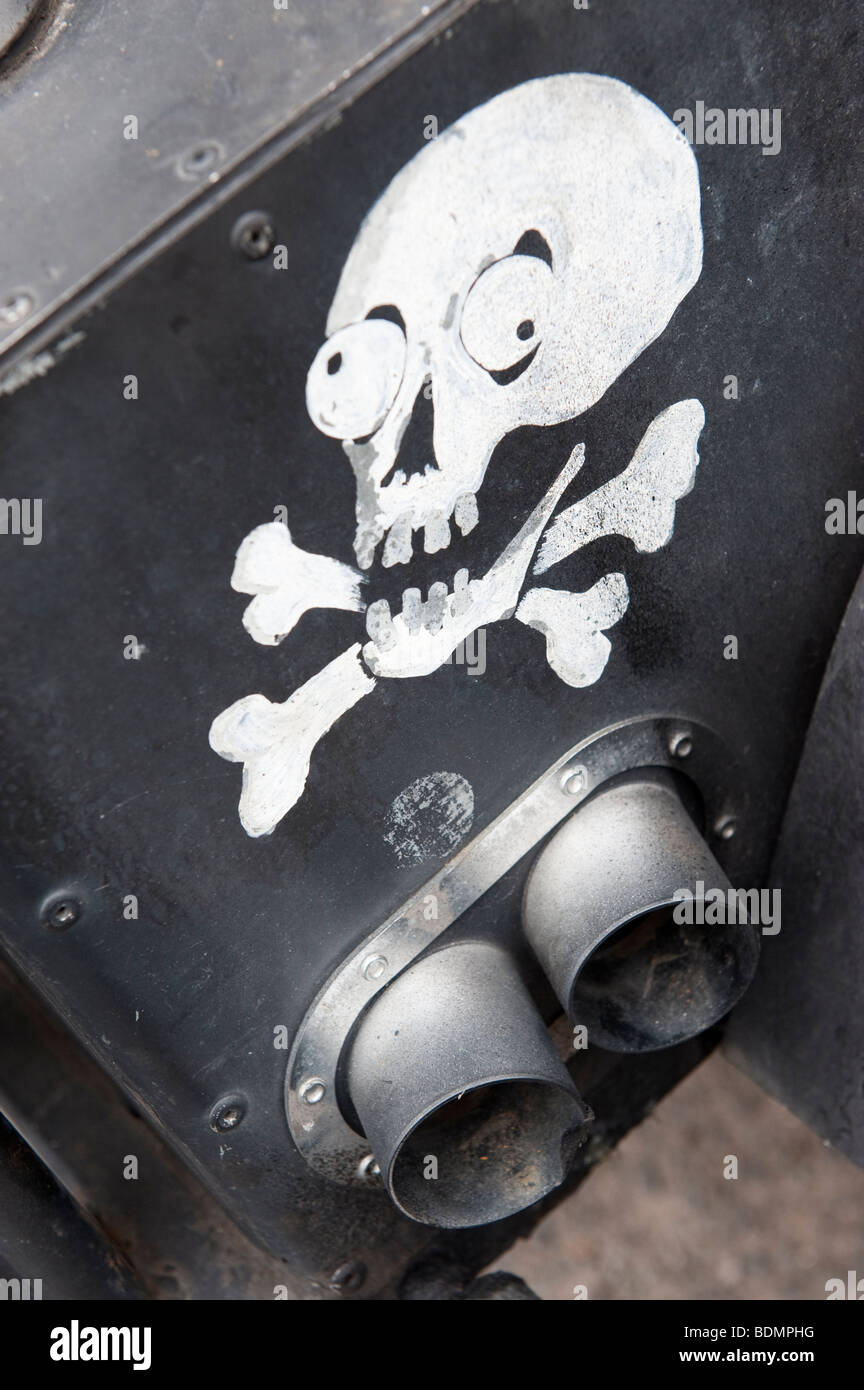 'Twin exhaust ' pipes with skull and crossbones painted above Stock Photo