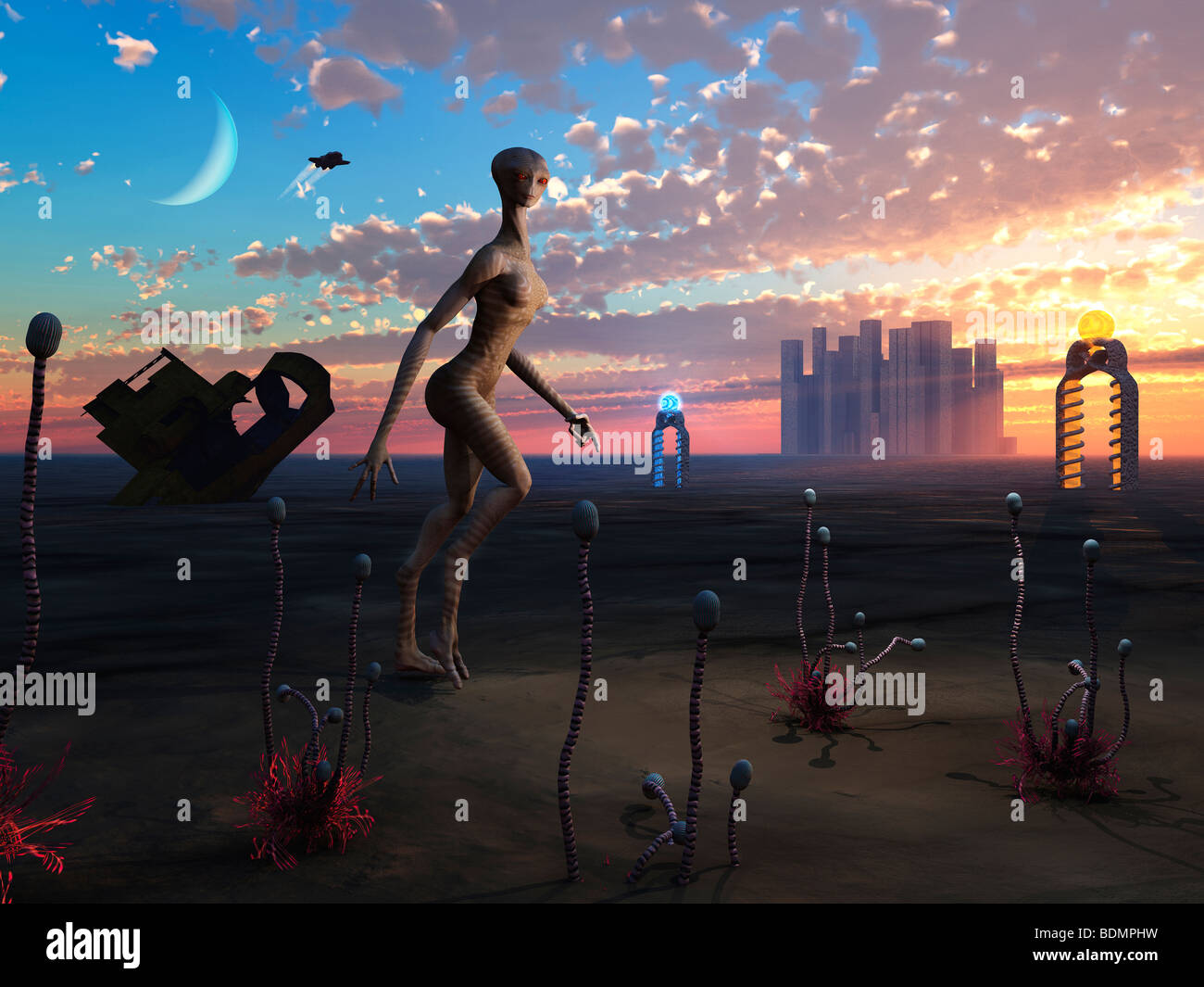 A female alien exploring a futuristic landscape. Stock Photo