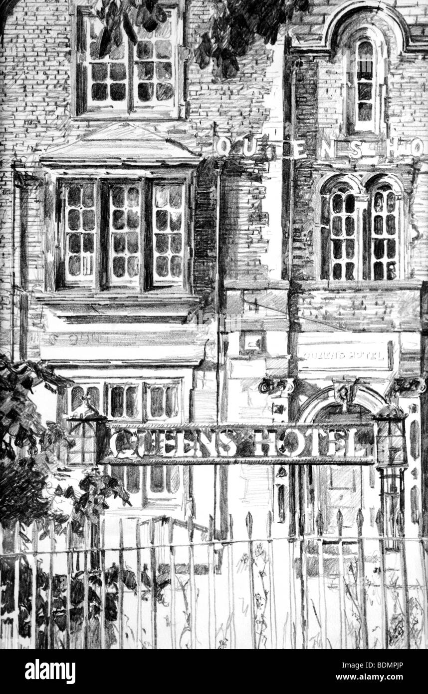 UK, Cheshire, Alderley Edge, Queens Hotel, front entrance before restoration, Pencil Drawing Stock Photo
