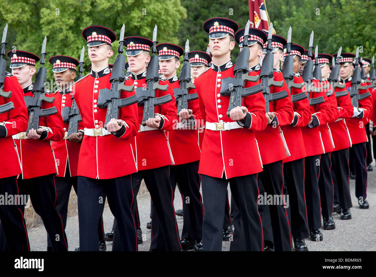 Armed military Royal Scots Dragoon Guards. Squad of Marching soldiers parade at Ballater