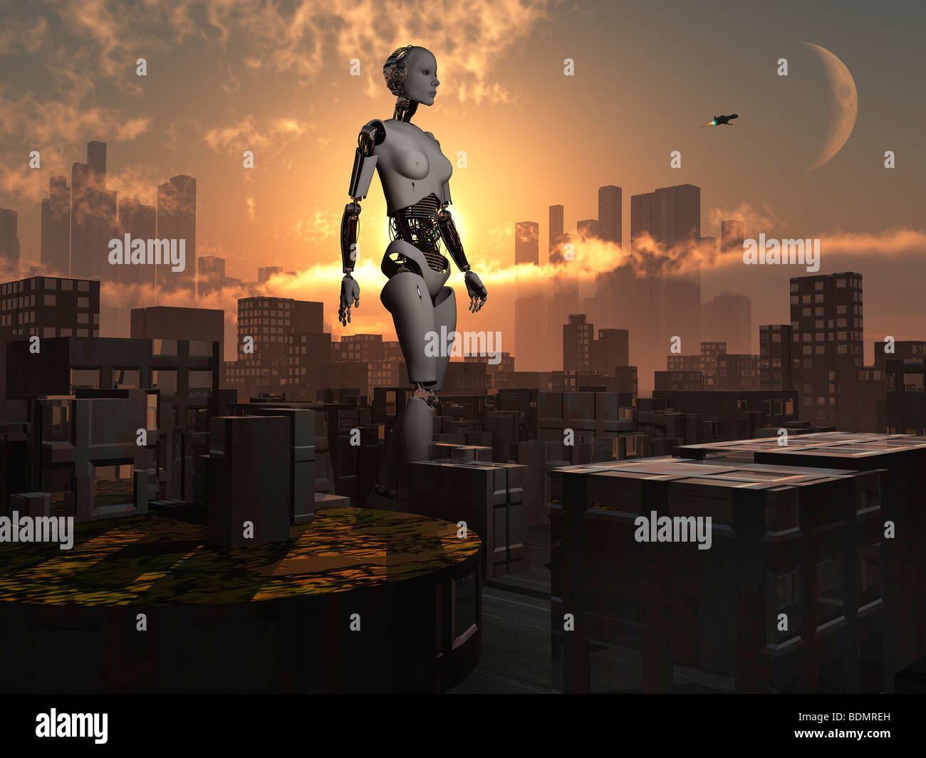 A female Android exploring a futuristic city. Stock Photo