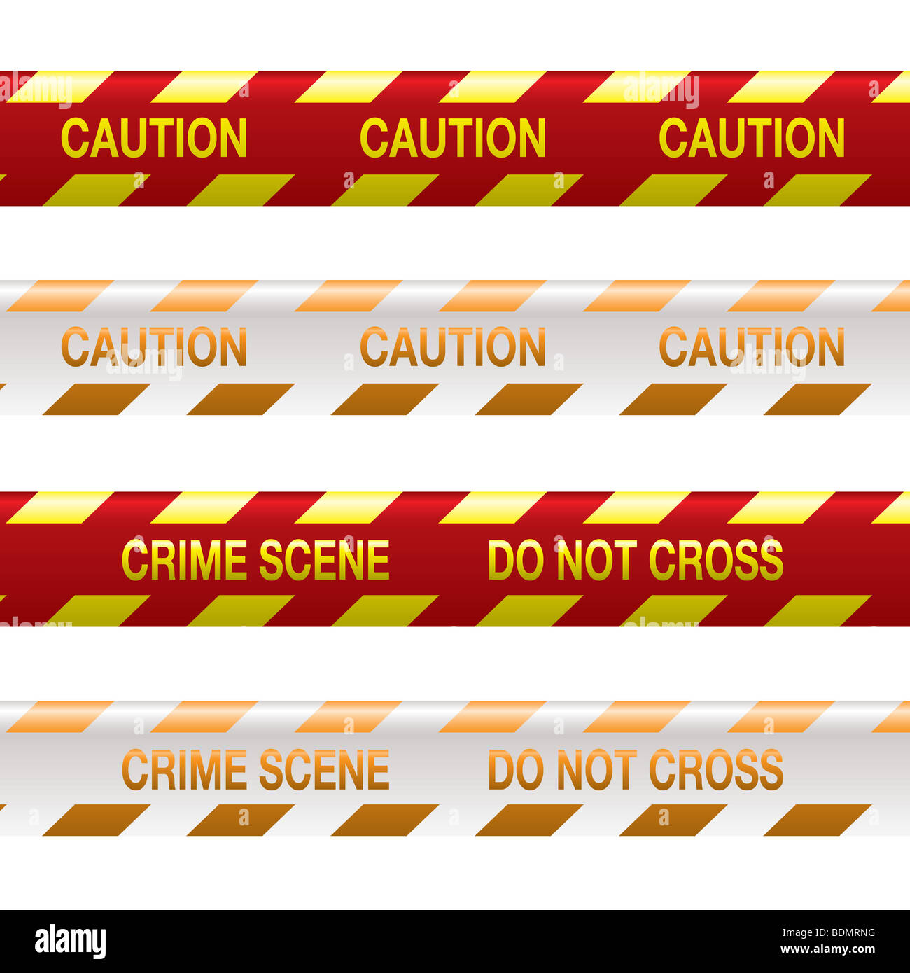 Four strips of crime scene tape in red and yellow with shadow effect