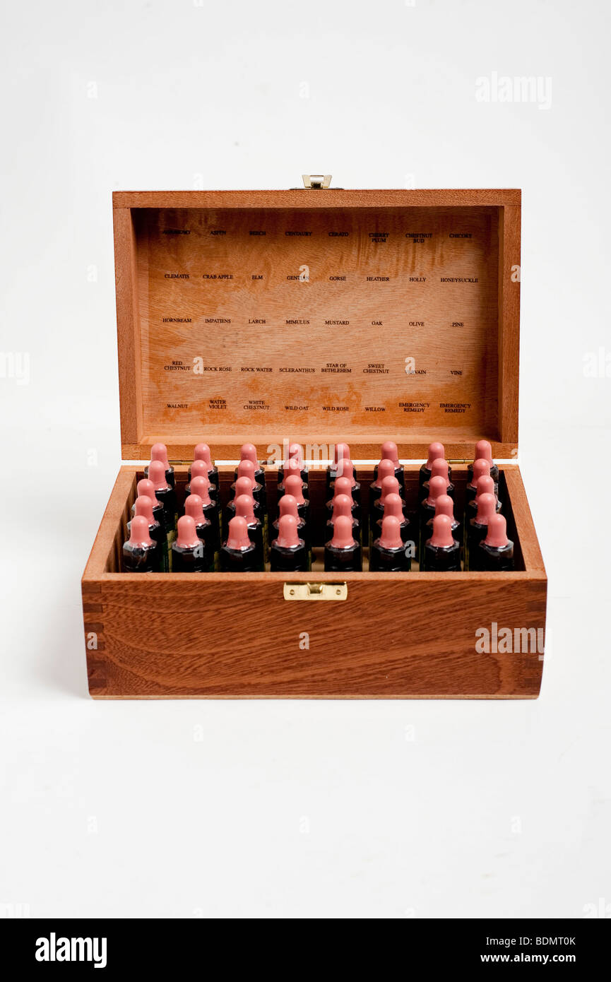 A box of bottles of Bach flower remedies Stock Photo
