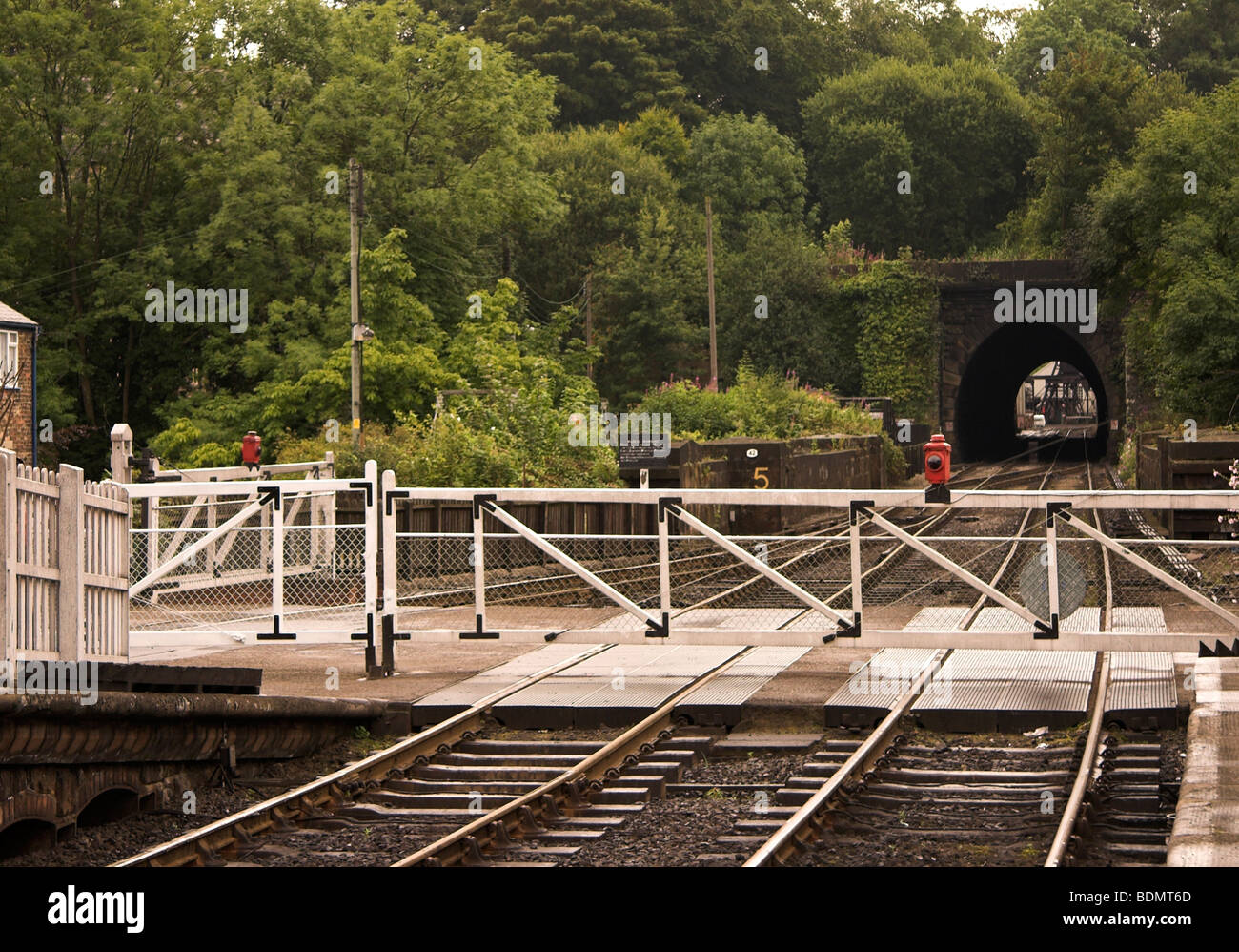NYMR, Level crossing, North York Moors Railway, Grosmont Station, North Yorkshire, England UK Stock Photo