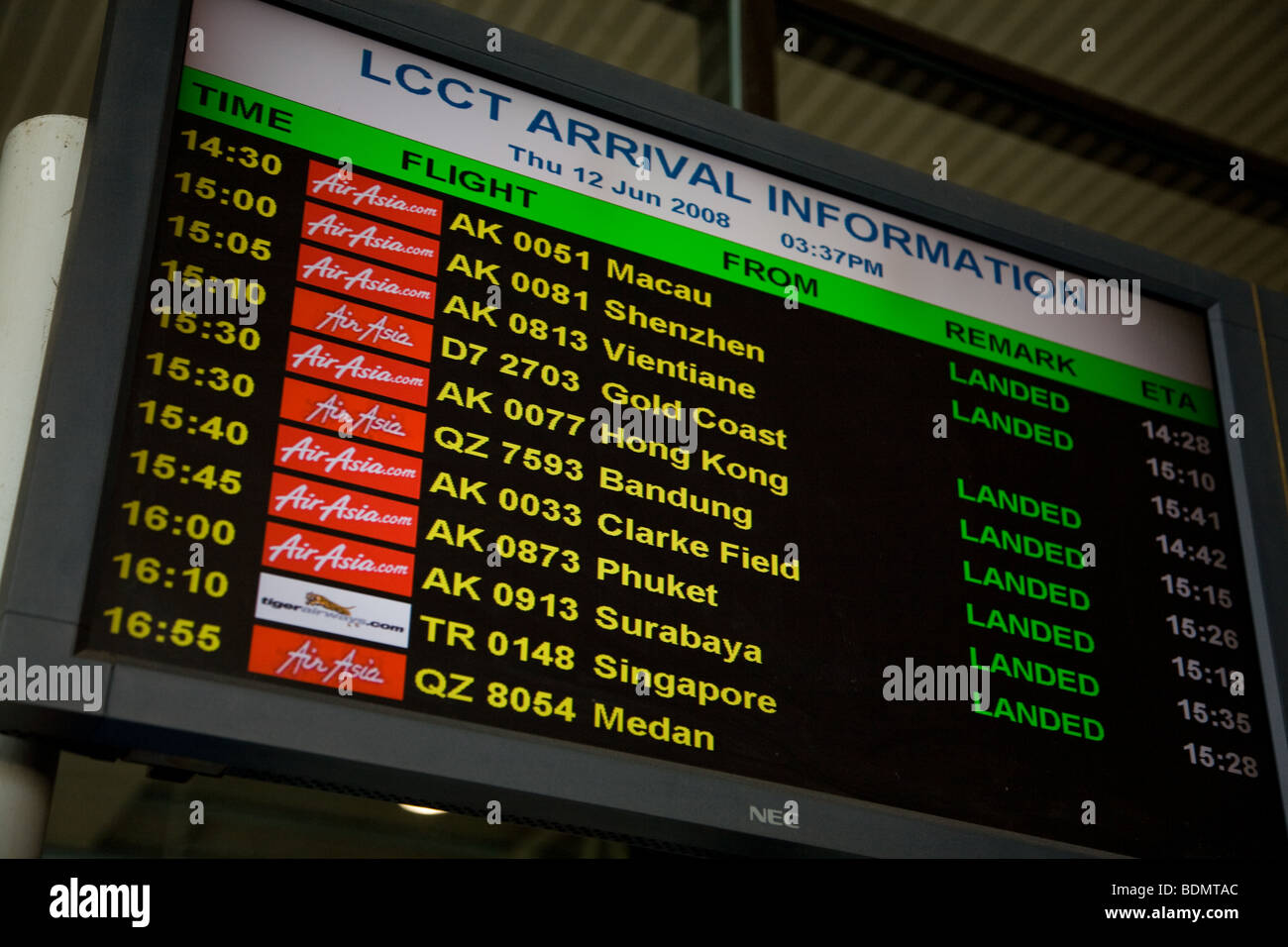 LCC  terminal arrivals board flight information Stock Photo