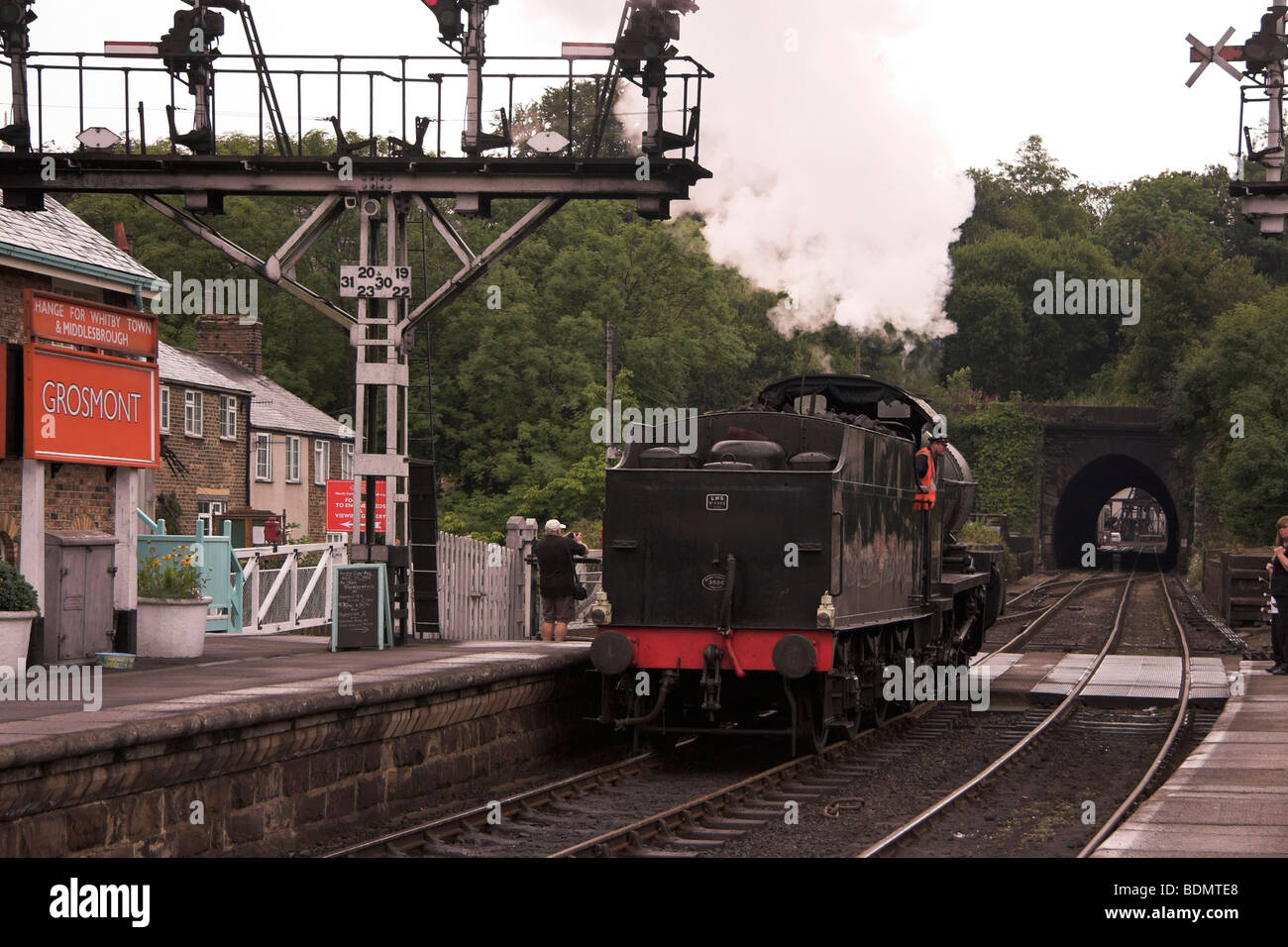NYMR, Steam train, North York Moors Railway, Grosmont Station platform, North Yorkshire, England UK Stock Photo