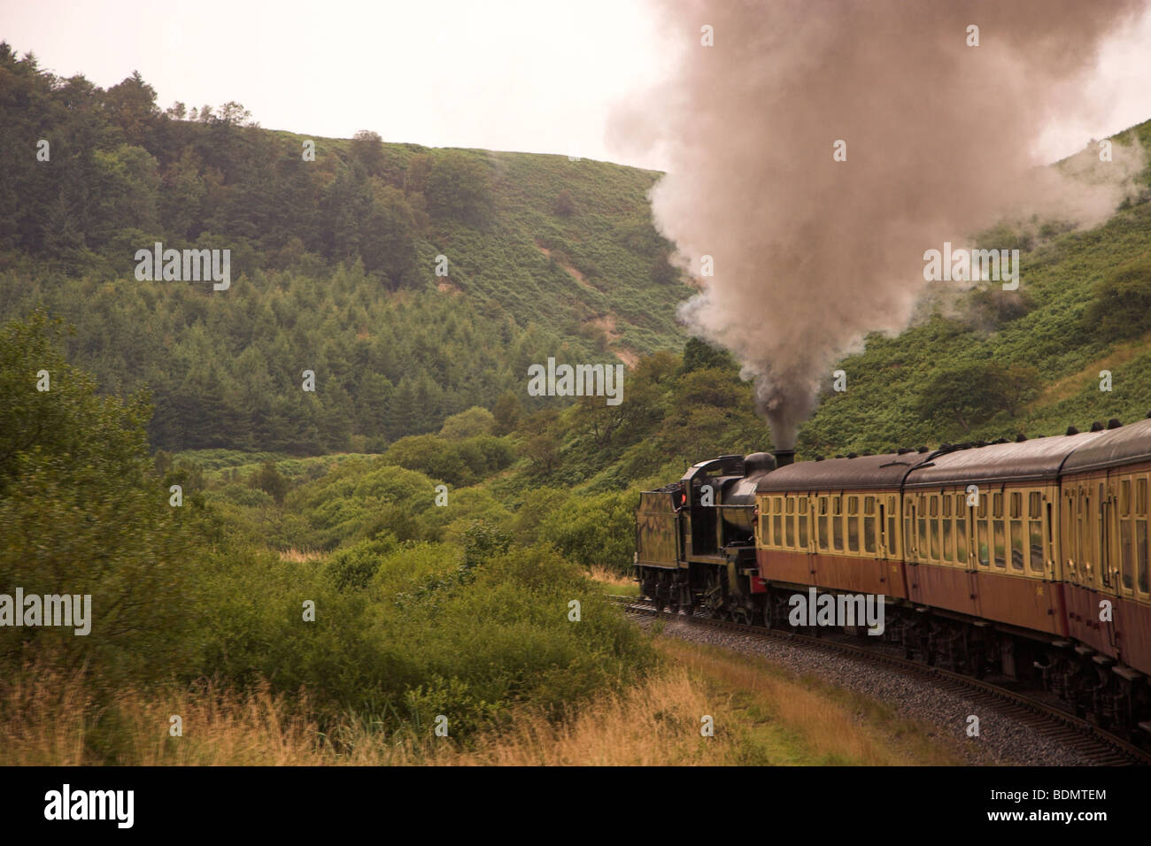 NYMR, Moving steam train, North York Moors Railway, North Yorkshire, England UK Stock Photo