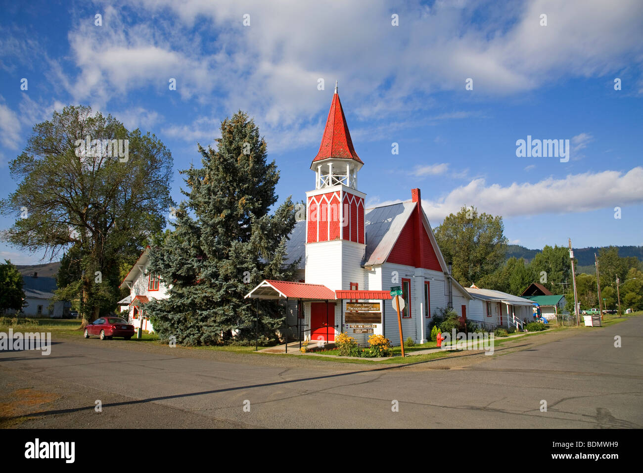 A small, 100 year old community church in Halfway, Oregon Stock Photo