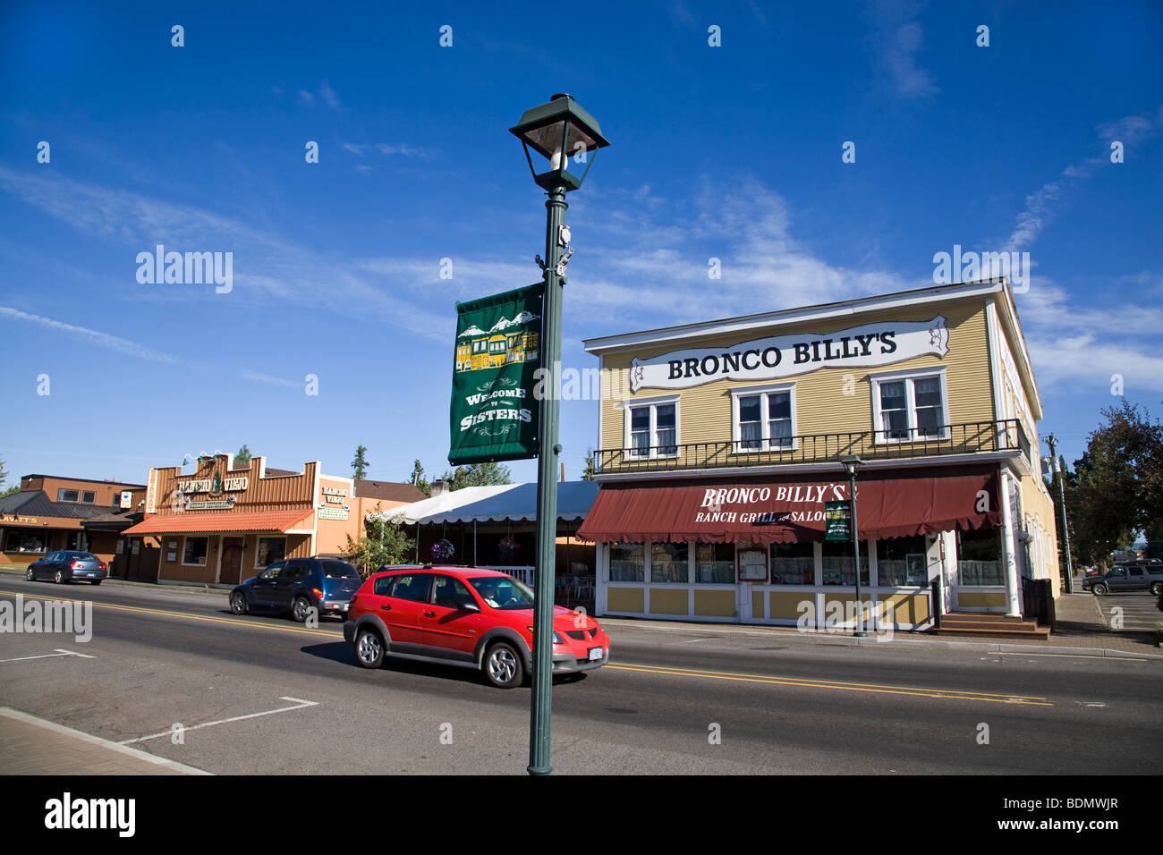 Main street of Sisters Oregon and the historic Bronco Billy's Saloon in