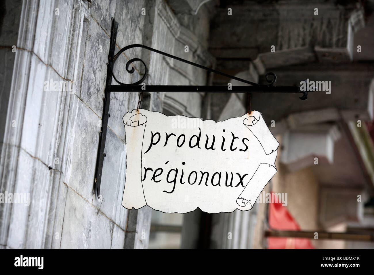 Sign advertising a shop selling regional products or produits regionaux in France Stock Photo