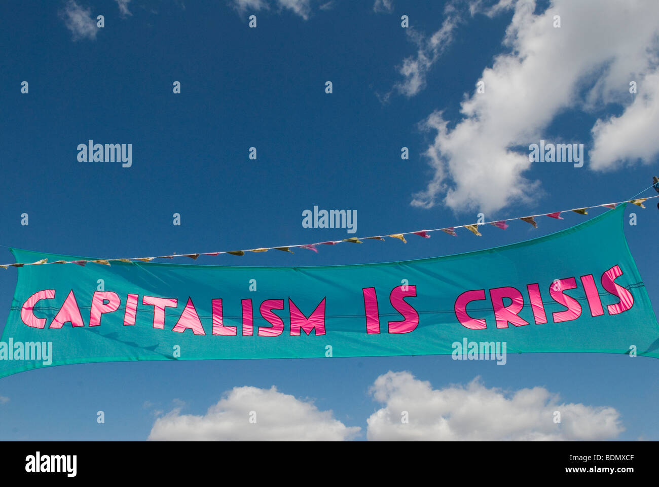 Capitalism in Crisis, Camp for Climate Action UK 2000s 2009 Blackheath Common south London.Banner flying over entrance. HOMER SYKES Stock Photo