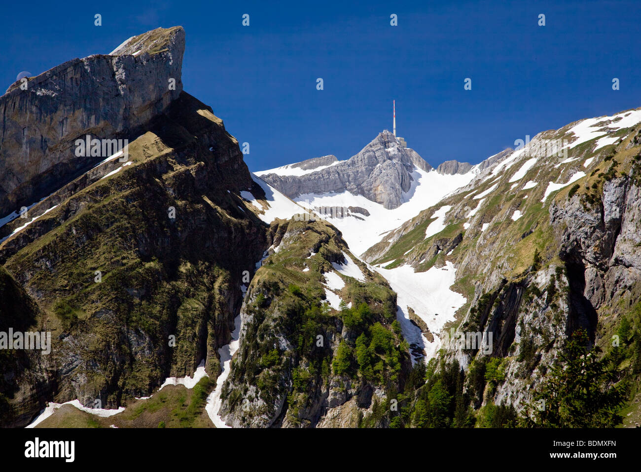 The Säntis, highest  peak of Appenzell with 2502m as seen from the seealpsee, Switzerland Stock Photo