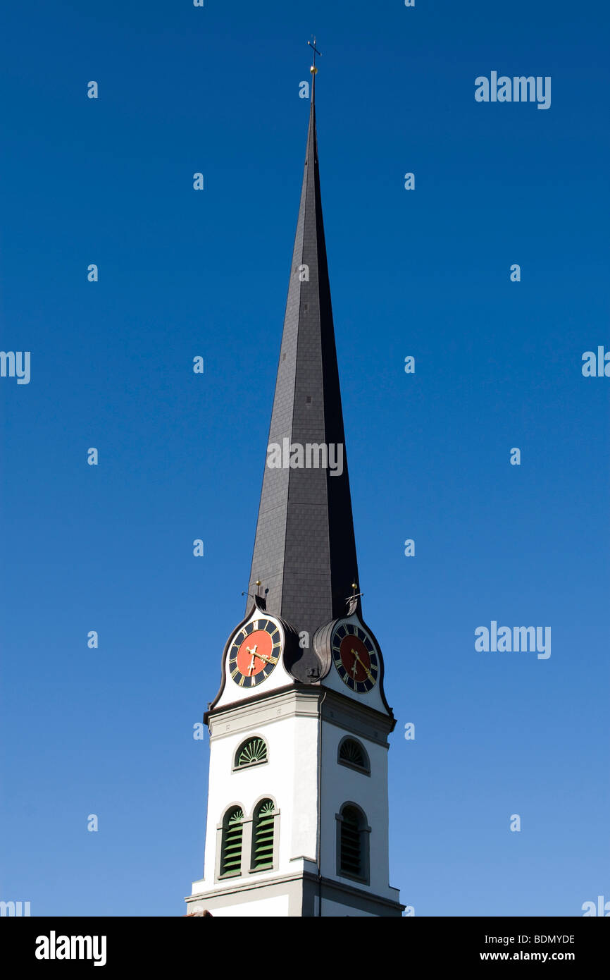 Spire of Malters, with 97.56 meters the tallest tower of a Catholic Church in Switzerland, Malters, canton Lucerne, Switzerland Stock Photo