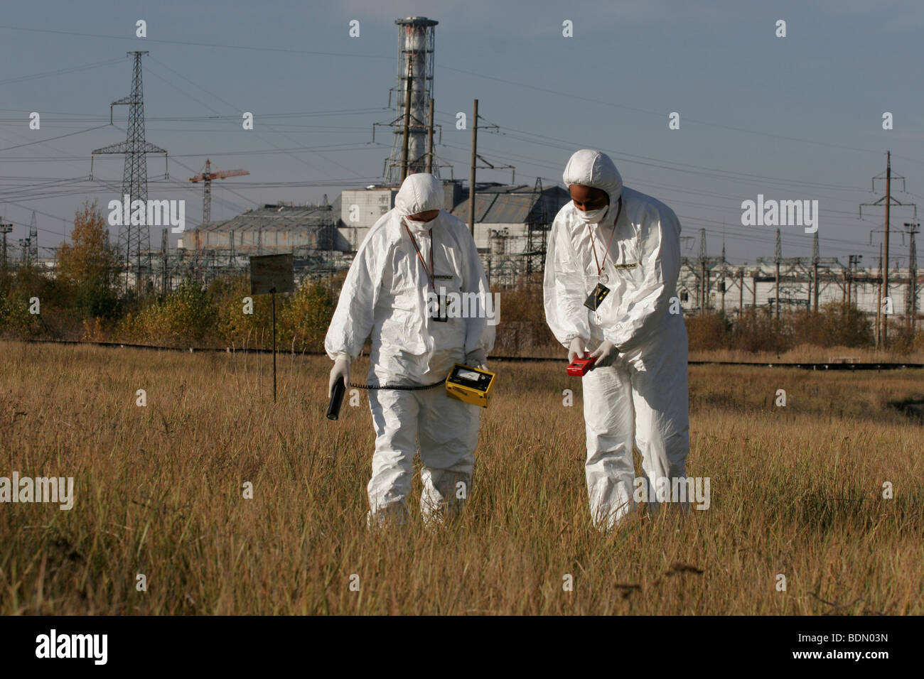 On the ground action training for Greenpeace Radiation Safety Advisors. Measuring radiation levels. Stock Photo